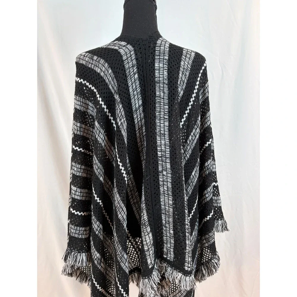Black White Striped Open Front Knit Poncho Wrap Fringe Trim One Size Boho Cape
